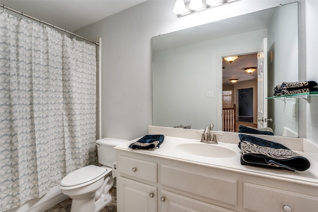 full bathroom featuring toilet, shower / bathtub combination with curtain, vanity, and tile patterned floors