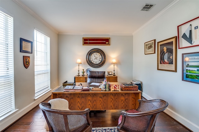 office space with dark wood-type flooring and crown molding