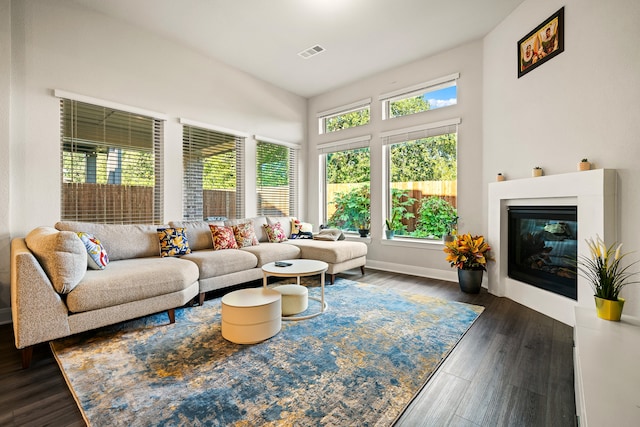 living room with dark hardwood / wood-style flooring