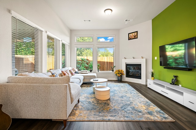 living room with dark wood-type flooring