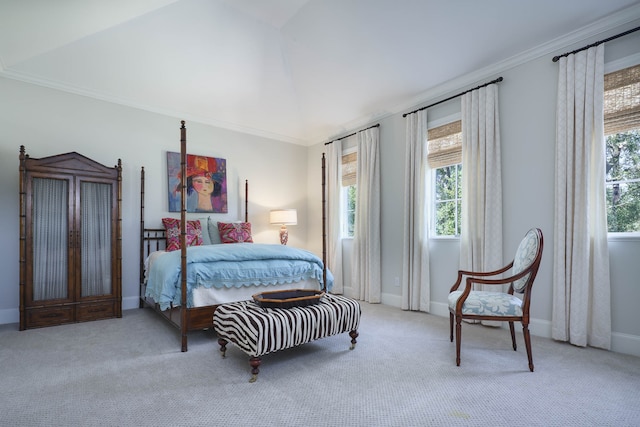 bedroom featuring light carpet, multiple windows, and ornamental molding