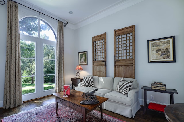 living room featuring ornamental molding and dark hardwood / wood-style flooring