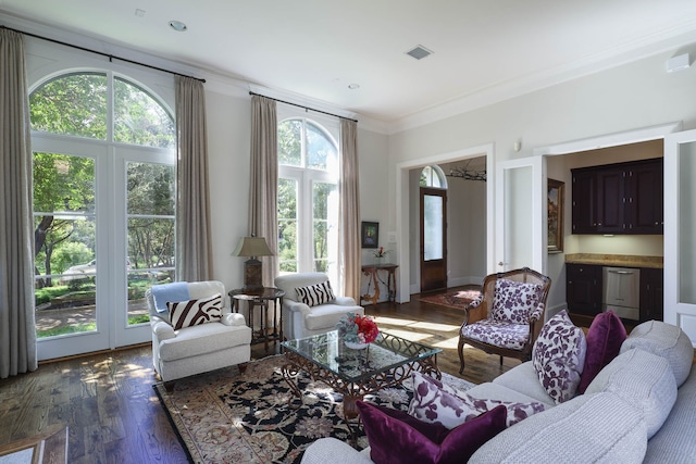 living room with ornamental molding and dark hardwood / wood-style flooring