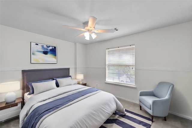 bedroom featuring carpet floors and ceiling fan