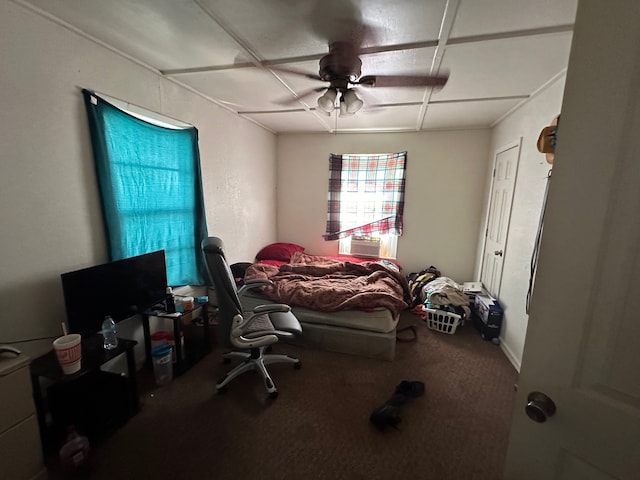 carpeted bedroom with cooling unit and ceiling fan