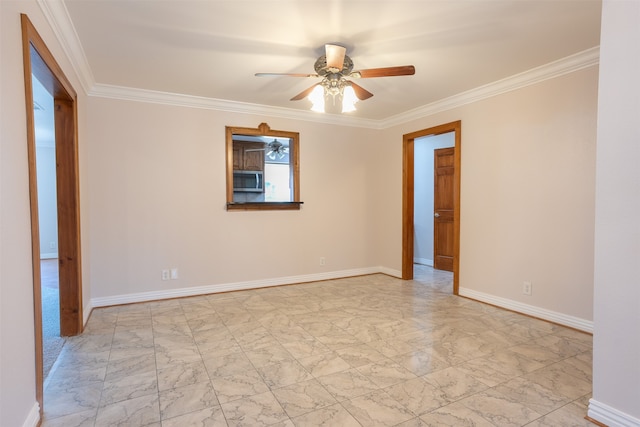 empty room featuring crown molding and ceiling fan