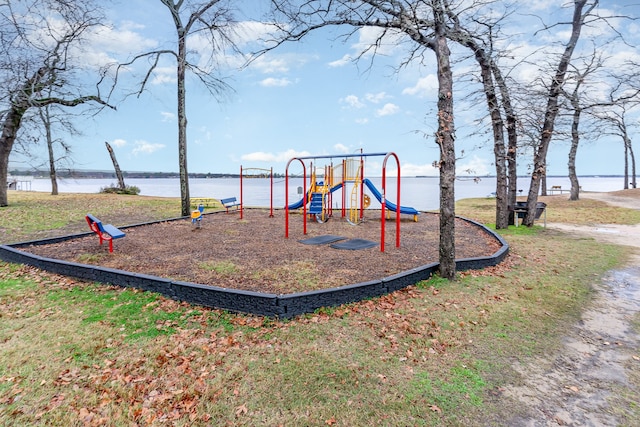 view of play area featuring a water view