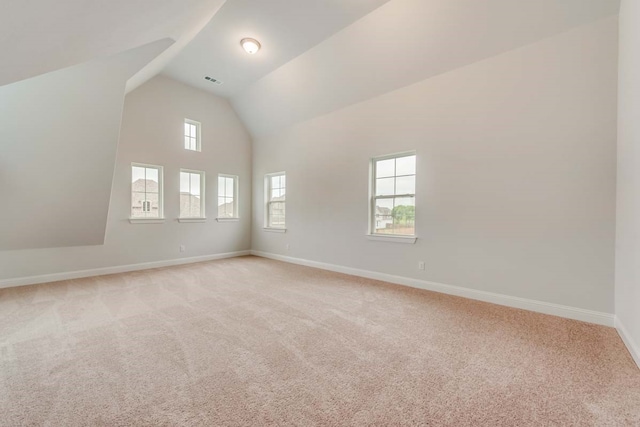 carpeted spare room featuring high vaulted ceiling