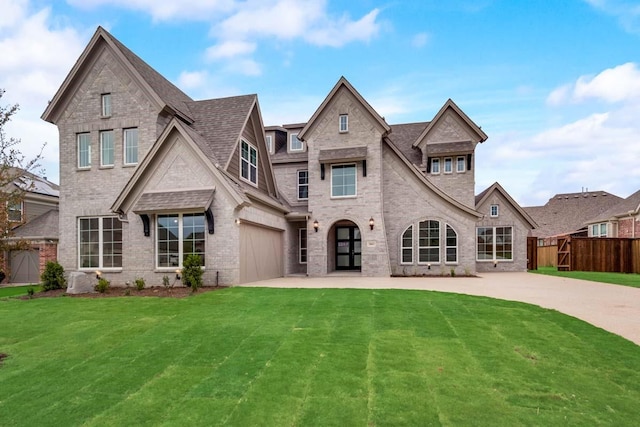 2802 Chandler Ct, Mansfield, TX 76063 - french country inspired facade with a front lawn, driveway, an attached garage, fence, and brick siding