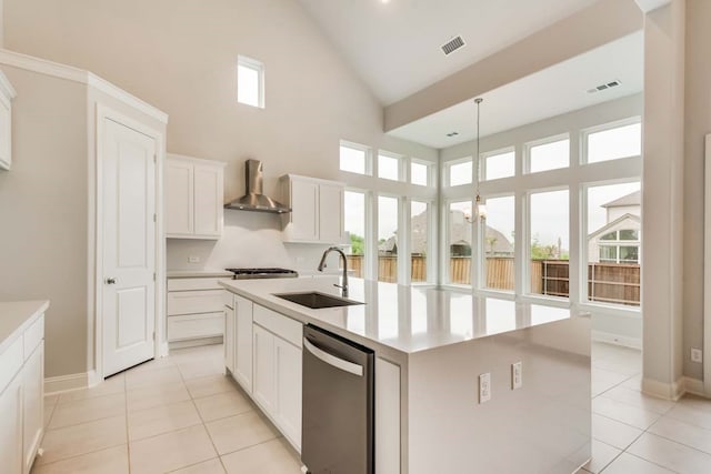 kitchen featuring white cabinetry, dishwasher, sink, a kitchen island with sink, and wall chimney range hood