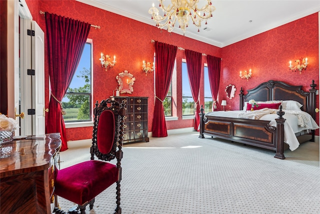 bedroom with multiple windows, ornamental molding, and carpet flooring