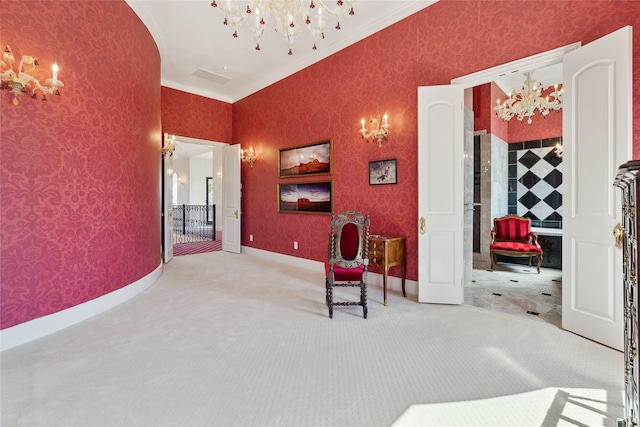 sitting room with carpet and ornamental molding