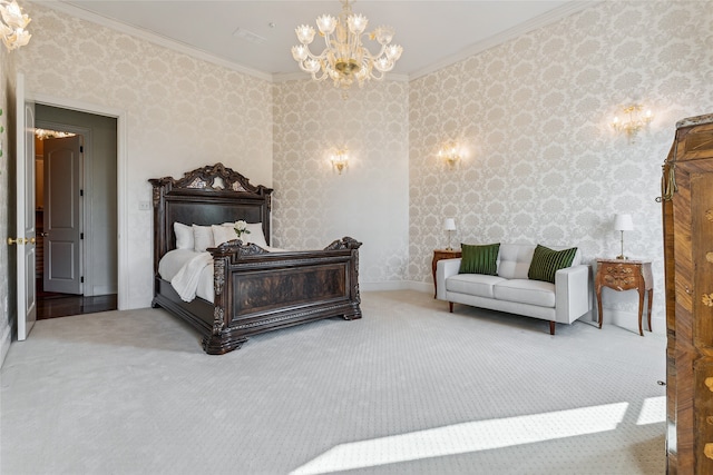 carpeted bedroom featuring ornamental molding