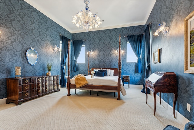 bedroom featuring an inviting chandelier, multiple windows, ornamental molding, and carpet flooring