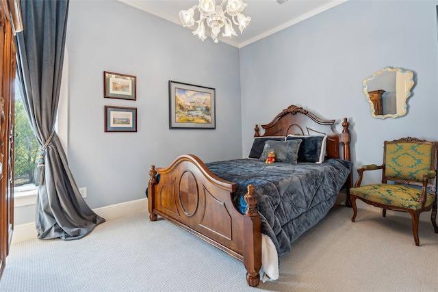 bedroom with a notable chandelier, ornamental molding, and light colored carpet