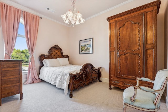 carpeted bedroom with ornamental molding and a chandelier