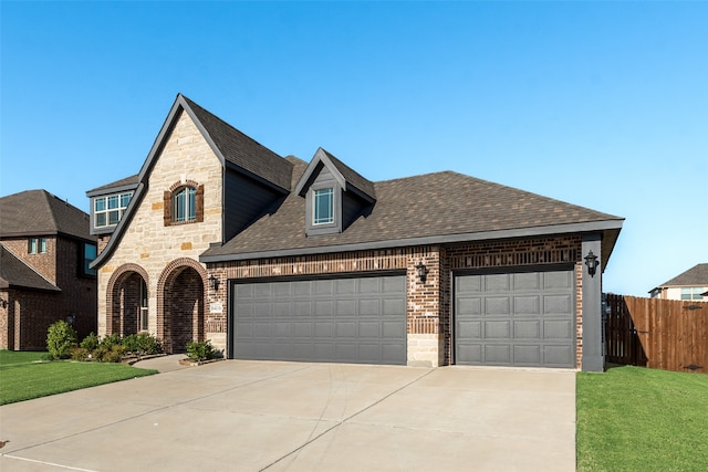 view of front of property with a front yard and a garage