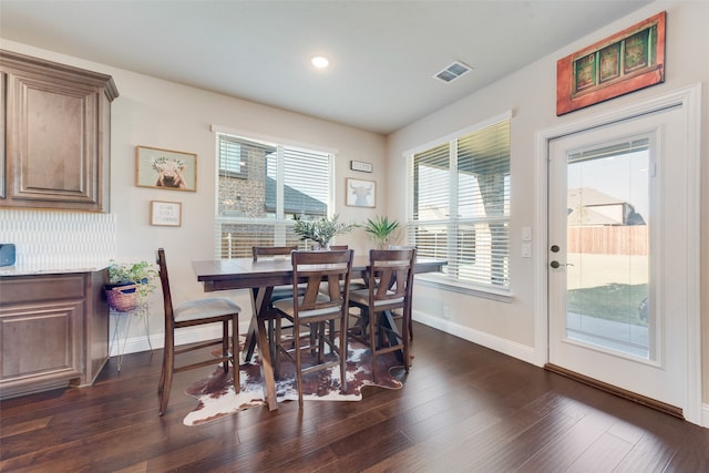 dining room featuring dark wood-type flooring and plenty of natural light