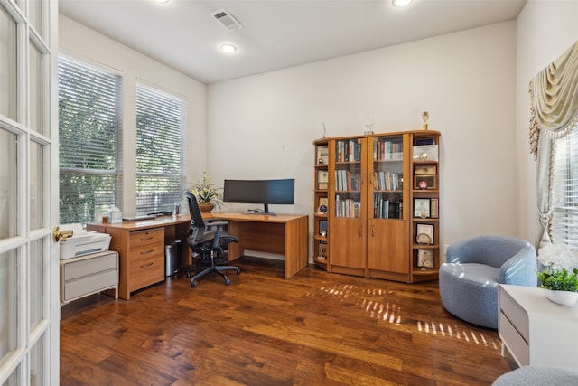 home office featuring dark hardwood / wood-style flooring