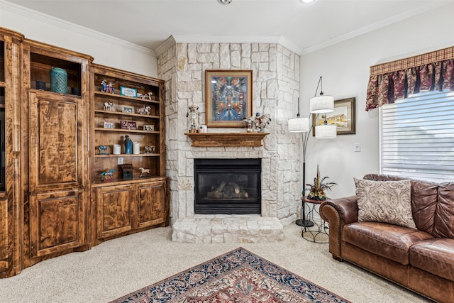 living room with crown molding, carpet floors, and a fireplace