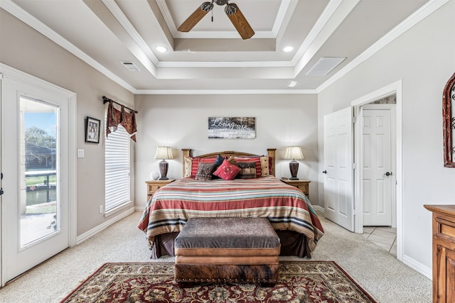 bedroom featuring ceiling fan, ornamental molding, multiple windows, and access to exterior