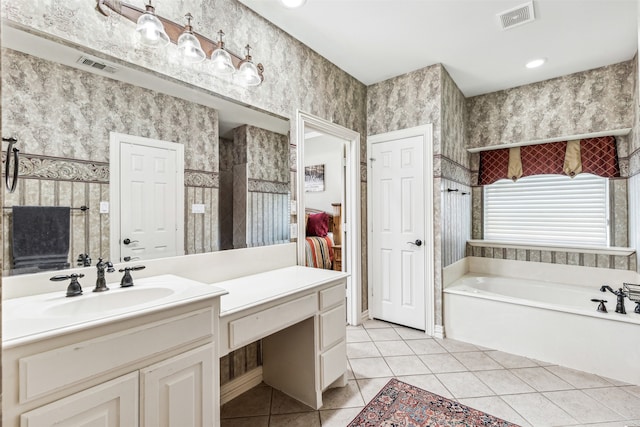 bathroom featuring vanity, tile patterned flooring, and plus walk in shower