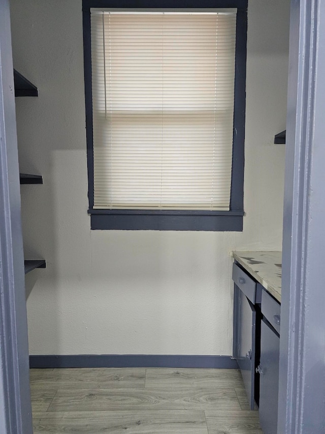 bathroom with vanity and hardwood / wood-style flooring