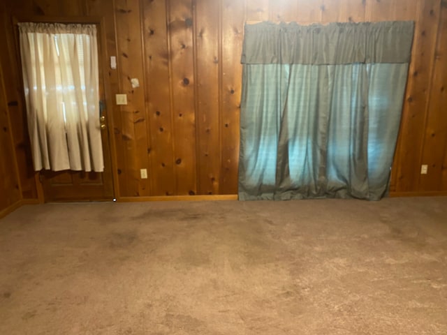 carpeted spare room featuring wooden walls