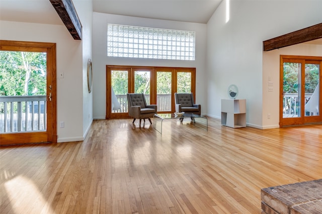 living area featuring a healthy amount of sunlight, beamed ceiling, and light wood-type flooring