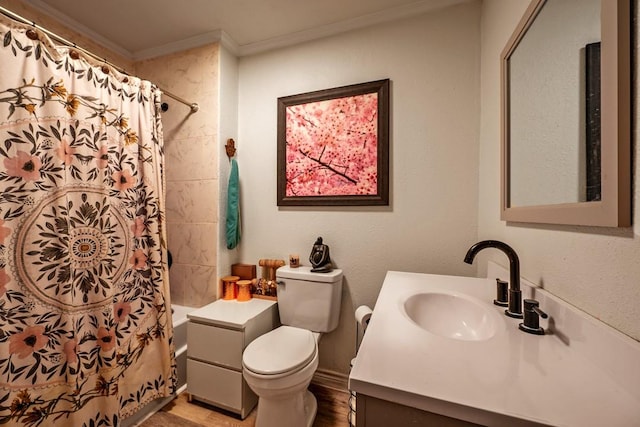 504 E Monterey St, Denison, TX 75021 - bathroom featuring shower / bath combination with curtain, crown molding, vanity, and toilet