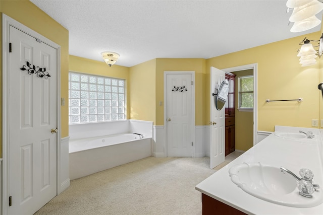 bathroom with vanity, a textured ceiling, a bathtub, and a wealth of natural light