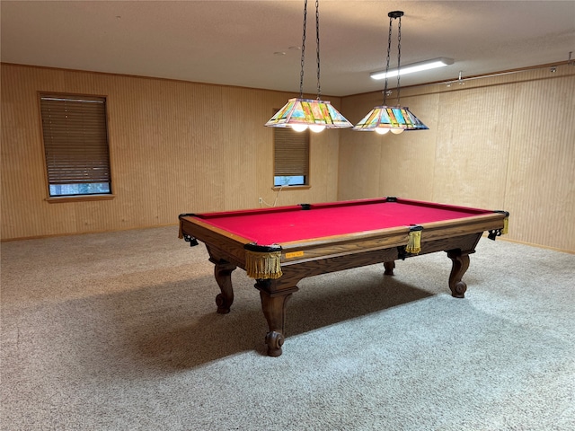 playroom with carpet floors and billiards