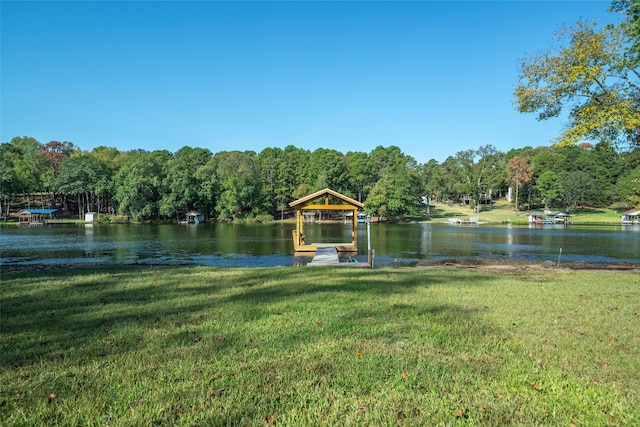 dock area with a water view and a lawn