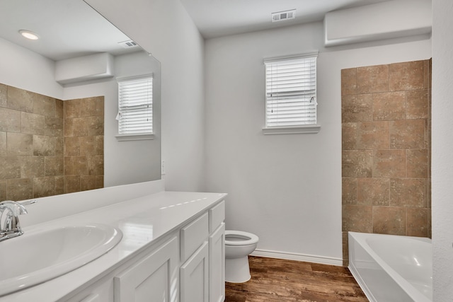 bathroom with toilet, vanity, and wood-type flooring