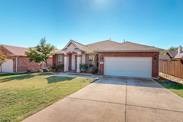 single story home with a front yard and a garage