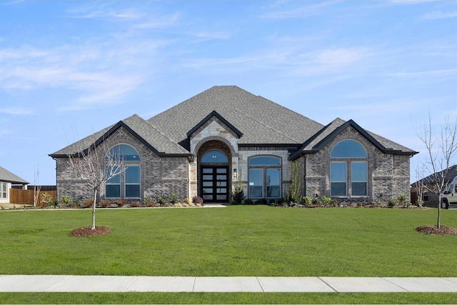 french country home with a front lawn and french doors