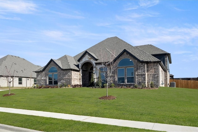 french country inspired facade featuring a front lawn and central AC unit