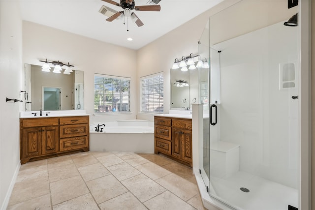 bathroom featuring vanity, ceiling fan, and shower with separate bathtub