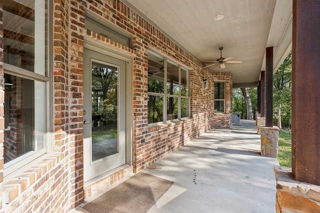 view of patio with a porch and ceiling fan