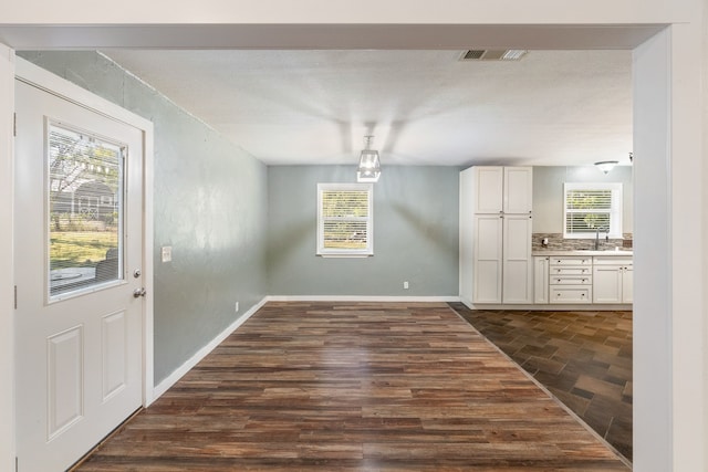 unfurnished dining area with sink and dark hardwood / wood-style floors