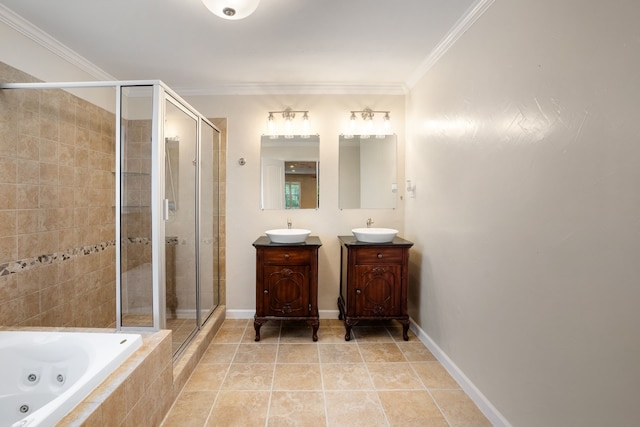 bathroom with vanity, crown molding, shower with separate bathtub, and tile patterned flooring