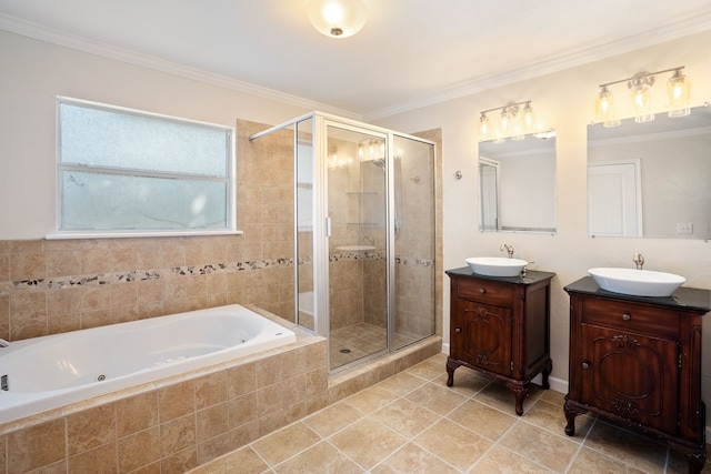 bathroom featuring vanity, plus walk in shower, ornamental molding, and tile patterned flooring