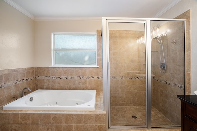 bathroom with vanity, shower with separate bathtub, and ornamental molding