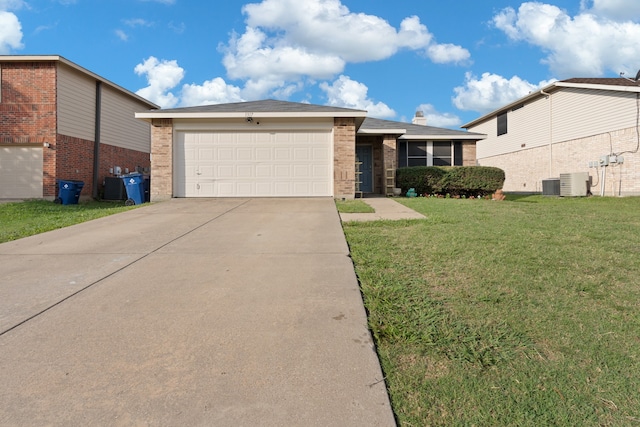 ranch-style home featuring cooling unit, a front lawn, and a garage