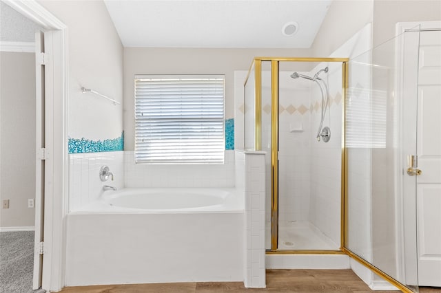 bathroom with plus walk in shower and vaulted ceiling