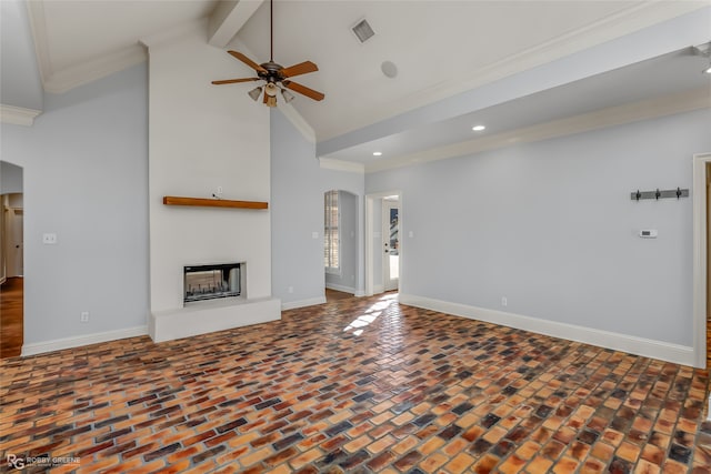 unfurnished living room featuring crown molding, high vaulted ceiling, beam ceiling, and ceiling fan