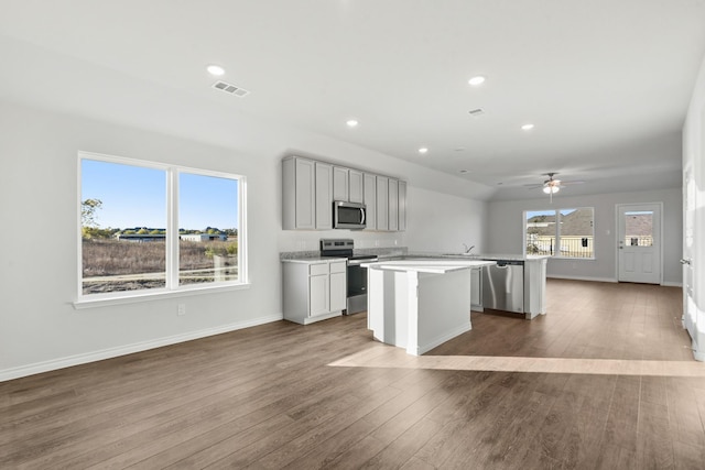 kitchen with hardwood / wood-style flooring, ceiling fan, appliances with stainless steel finishes, a kitchen breakfast bar, and a center island