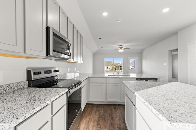 kitchen with sink, appliances with stainless steel finishes, dark hardwood / wood-style floors, light stone counters, and kitchen peninsula