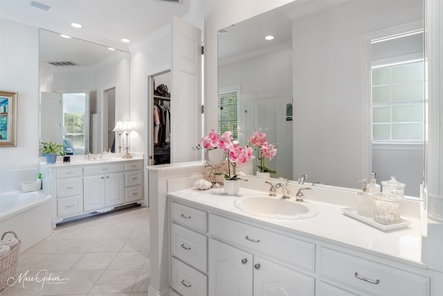 bathroom with vanity, crown molding, separate shower and tub, and tile patterned floors