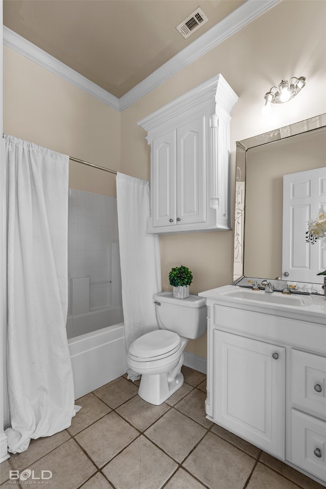 full bathroom with tile patterned floors, toilet, crown molding, vanity, and shower / bathtub combination with curtain